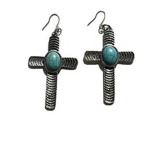 Southwestern Silvertone Faux Turquoise Triba Native Cross Earrings 3" - Picture 1 of 5