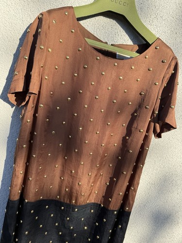 MICHAEL KORS abito donna PICCOLO borchie manica corta marrone nero borchie oro EX