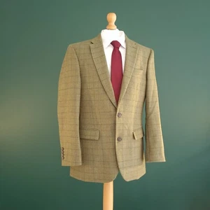 Samuel Windsor Tweed Blazer Mens 38R Windowpane Check Khaki Orange Pure Wool - Picture 1 of 14