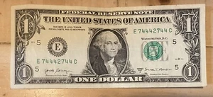 US $1 Dollar Bill Trinary Fancy Serial Number E74442744C Series 2017A - Picture 1 of 2