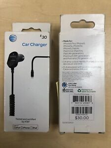 New At&t 3.4Amp MFI Apple Lightning Car Charger w/ Extra USB Port - Black