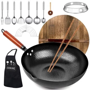 12.6" Carbon Steel Wok Pan Set – Includes Wooden Lid & 12 Cooking Tools - Picture 1 of 7