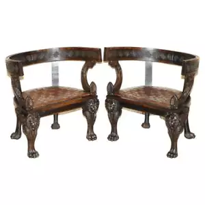 PAIR OF IMPORTANT ORIGINAL ANTIQUE KLISMOS ARMCHAIRS CARVED LIONS WOVEN LEATHER - Picture 1 of 12