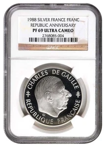 NGC PF 69 UC 1988 SILVER FRANCE REPUBLIC ANNIVERSARY FRANC Charles de Gaulle - Picture 1 of 2
