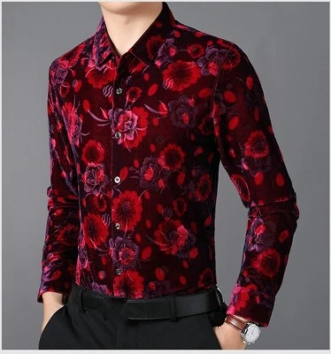 Retro Men Floral Velvet Shirt Slim Casual Long Sleeve Blouse Top Wedding Party - Image 1 of 4