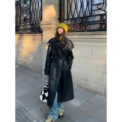 黑色皮革风衣长外套真羊皮女式夹克 XS 小号 M L XL 2XL — 第 1/4 张图片