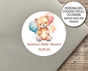 Personalised Baby Shower Stickers,  teddy Bear Water colour label 775 5 - Picture 1 of 3