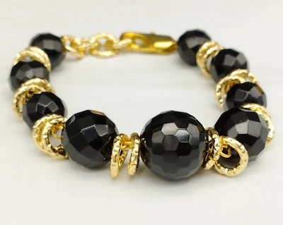 bracciale donna agata nera a sfere argento 925 catena dorata elegante regolabile - Immagine 1 di 4