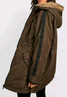 Khaki Brown Fur Trimmed Hood Drawcord Waist Sport Stripes Parka Coat Jacket 12 - Image 1 of 4