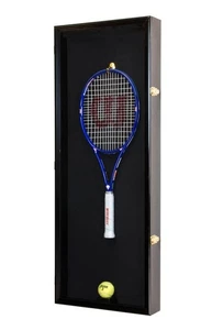 Tennis Racket Display Case Black Wall Ball Frame Cabinet Wood Holder Shadow Box - Picture 1 of 12