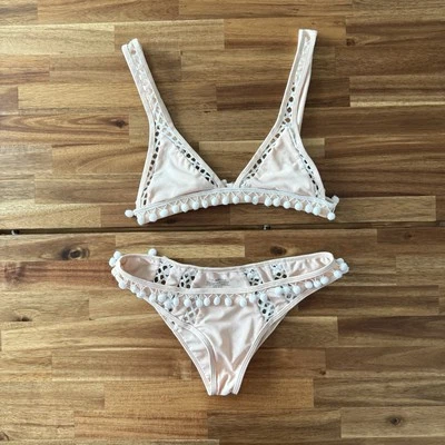 Tularosa Cream White Bikini Set Small Pom Pom Beachy Resort Boho Vacation Travel - Image 1 of 4
