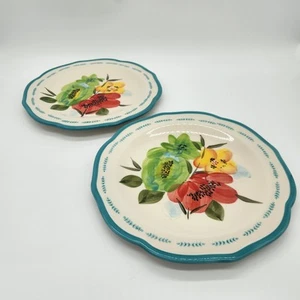 Vintage Pionierin Frau geraffter Rand türkis Blumen 8,25" Dessert Salat Geschirr Paar - Bild 1 von 7