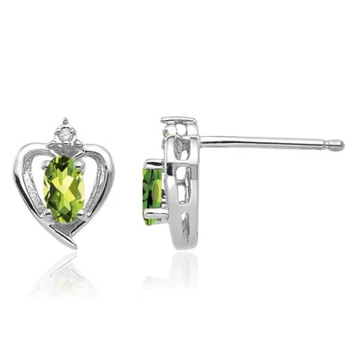 14K Solid White Gold Peridot Diamond Heart Stud Earrings - Image 1 of 4