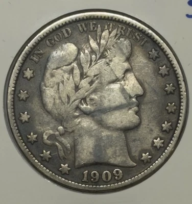 Полдоллара Барбера 1909-S 50c РЕЗИНОВАЯ ЛЕНТА ТОНЕР ** XBKLK5068 - Изображение 1 из 4