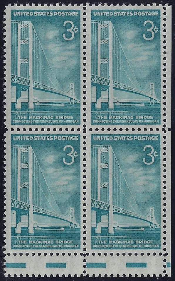 1109 Miscut Gutter Snipe Error/EFO Block of 4 "Mackinac Bridge" Mint NH - Image 1 of 1