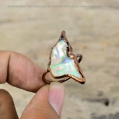 Abalone Shell Gemstone Copper New Stackable Electroformed Art Deco Ring Jewelry - Image 1 of 4