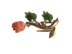 Brosche 925 Silber Vergoldet Koralle Jade Blume Klein Mini 2,8 g/ 3,0 x 1,7 cm - Bild 1 von 7