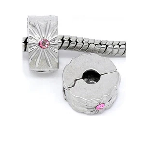 Clip Lock Stopper Bead with Pink Stones with 2 Clear Silicone Stopper For Sna... - Picture 1 of 1