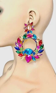 4.75” Long Multicolor Acrylic Crystals Evening Party Clip-On Hoop Earrings - Picture 1 of 2