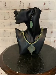 Handcrafted Jewelry Set W/ Blue/Green Patina Birch Leaf Pendant & Metal Beads - Picture 1 of 13