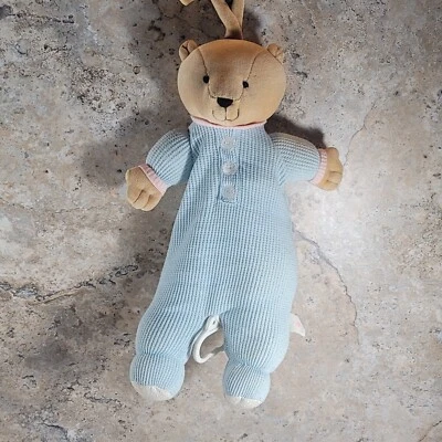 KIDS II BLUE WAFFLE PATTERN TEDDY BEAR PLUSH CRIB PULL MUSICAL LOVEY CIRCA 1999 - Image 1 of 4
