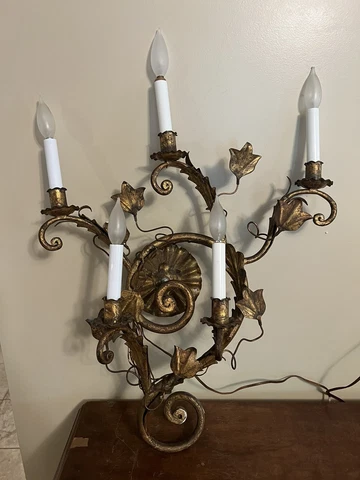 Huge Vintage lighted italian gold leaf tole Sconce Wall Light MCM Italy 5 lamp Cover