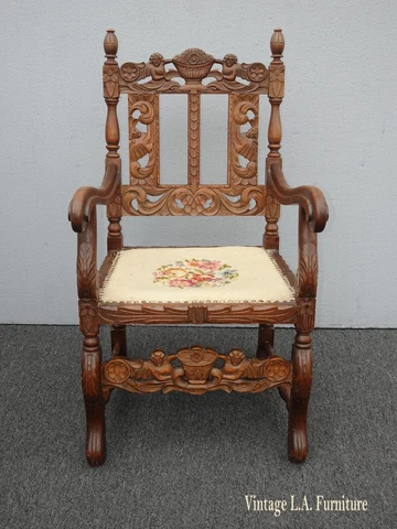 Vintage Spanish Style Highly Carved Throne Chair  ~ w Needlepoint Floral Fabric Cover