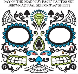 Day of the Dead Dia De Los Muertos Male Guy Face Temporary Tattoo Set - Picture 1 of 1