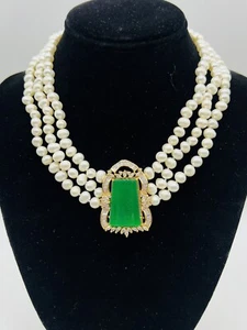 Dreifach Ständer Perlenkette grüner Jade Stein goldfarben Hochzeit formell - Bild 1 von 11