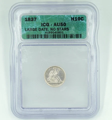 1837 ICG AU50 Seated Liberty Half Dime Large Date No Stars Cover