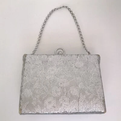 Caja de tela plateada floral vintage cadena 5 x 3,5 pulgadas noche boda formal Foto 1 de 4
