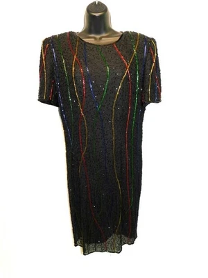 Vtg 80s Styleworks 12 M Black Silk Beaded Cocktail Dress Red Blue Green Stripe - Image 1 of 4