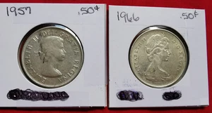 TWO NICE COINS 1957 AND 1966 CANADIAN SILVER FIFITY CENT HALF DOLLAR COINS-MONEY - Picture 1 of 12
