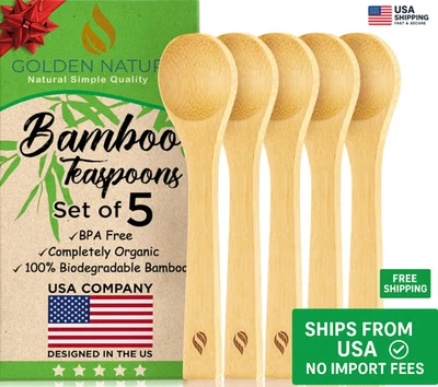 Juego de 5 cucharas de bambú pequeñas cucharaditas de madera para azúcar, miel, especias, café Foto 1 de 4