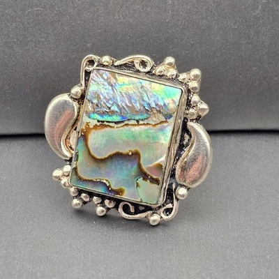 925 Sterling Silver Plt Abalone Shell Ring Size 8 Bezel Setting Statement - Image 1 of 4