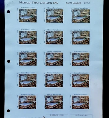 Hoja de estampillas de trucha y salmón del estado de Michigan 1996 15 estampillas sin precio base Hoja # Variará Foto 1 de 2