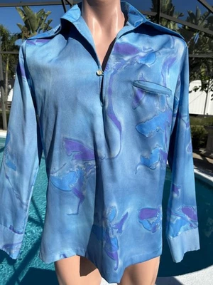 Camisa Pullover Para Hombre Vintage Años 70 Tori Richard Azul Hawaiano Poliéster M Mediana Foto 1 de 4