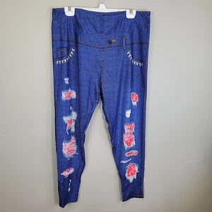 Medium Wash Faux Distressed Denim Red Bandana Accents Leggings Extended PS - Picture 1 of 6