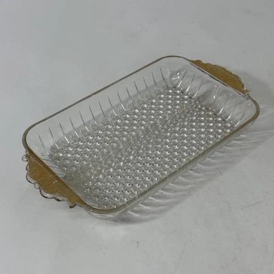 Vintage Anchor Hocking 2 Partie Guilloché Relish Plat Avec Main Peint Doré Anses - Photo 1/4