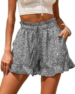 Women's Summer Floral High Waisted Ruffle Shorts w/Pockets, Floral Black Size: M - Picture 1 of 7