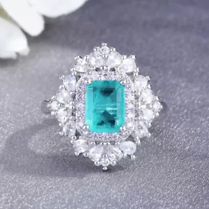 Adjustable Xmas Jewelry Rectangle Neon Blue Tourmaline Gems Silver Woman Rings - Picture 1 of 6