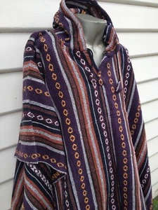 Cotton Poncho for Men & Women Mexican Baja Style Purple Brown White Stripe Cape - Picture 1 of 2
