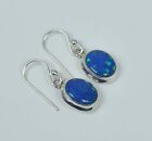 925 Solid Sterling Silver Lab Blue Opal Hook Earring  - 1 Inch f979