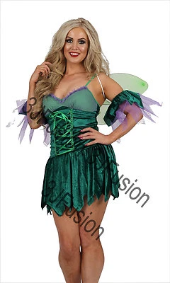 CLASSIFIED Damen Erwachsene GRÜN Waldland Fee Pixie Kostüm Outfit mit KOSTENLOSEN Flügeln & POST (CK