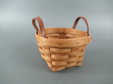 Longaberger 1991 Splint-Woven Basket 5.5” X 4” Leather Handles Signed "CMD" Cover