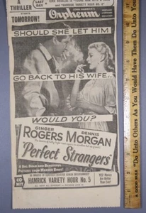 Anuncio de película de periódico 1950 - Perfect Strangers - Ginger Rogers y Dennis Morgan - Imagen 1 de 2