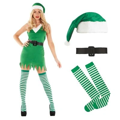 Women`s Green Elf Costume Hat Socks Ladies Santa`s Helper Christmas Fancy Dress - Изображение 1 из 4