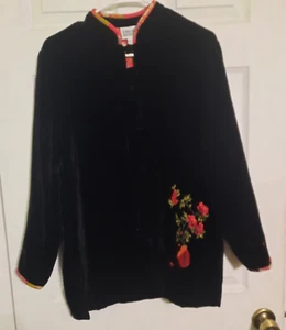 Vtg Chico's Chinese Tunic Shirt Embroidery Black Velvet Silk Lining Sz 0 (S/4) - Picture 1 of 6