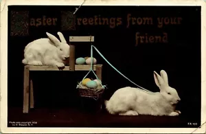 RPPC Easter Greetings Bunny Tied to Hanging Basket Bromide Real Photo Postcard - Picture 1 of 2
