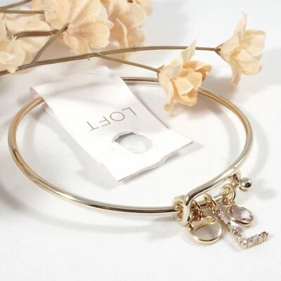 LOFT Women's Gold Tone Pave Initial Charm Bangle Bracelet Letter L Foto 1 de 4